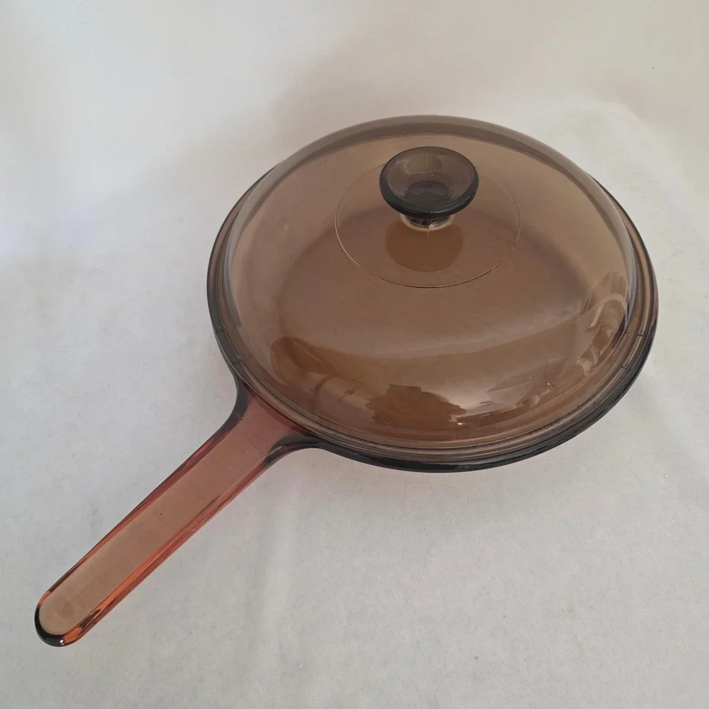 Vision Corning Amber Glass Skillet with Lid Vintage 10 Inch NWOT France